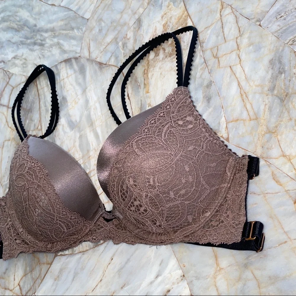 32B Bra Rare Very Sexy Bra strappy chain caged brown lace - Picture 5 of 8